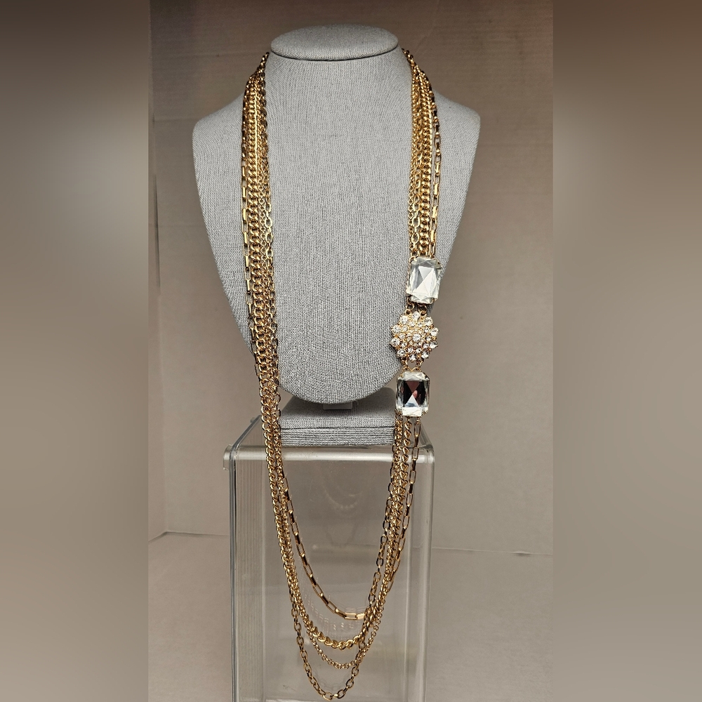 Vintage Gold Tone Multi Chain Necklace ☆ Chunky Crystal Stones & Flower Pen…